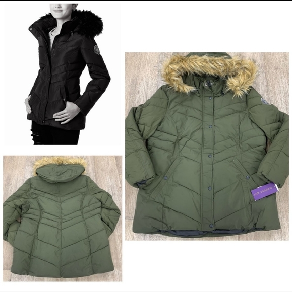 Madden Girl Juniors Faux Fur Trim Hooded Puffer Coat Olive Size Large